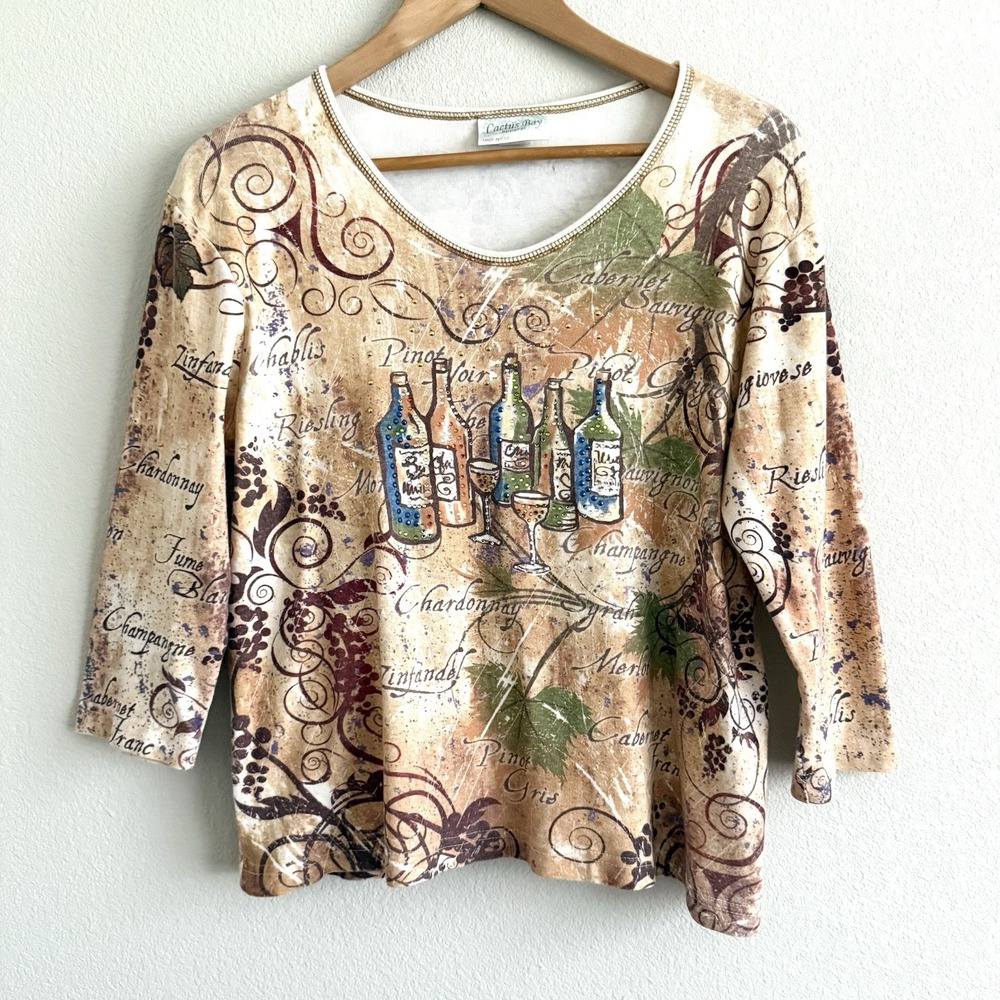 Cactus Bay Jeweled Wine Shirt Womens Large Travel Vacation Preppy Colorful 3/4